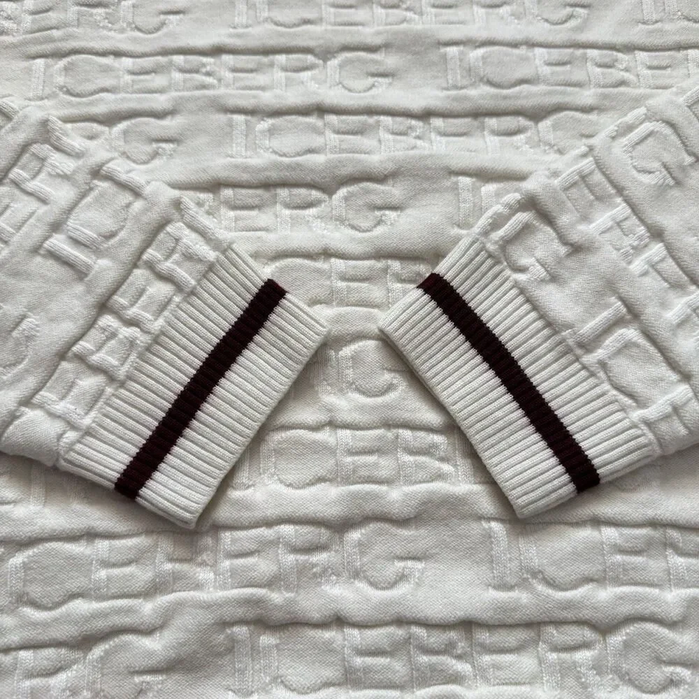 Vintage 90s Iceberg All Over Logo Knit Sweater Cream Wool Blend Size XXXL Italy